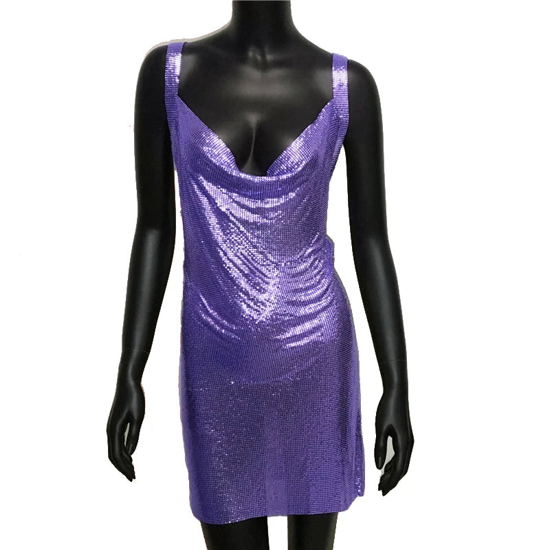 Sexy Metallic Sequin Mini Dress For Women Backless Cocktail Club Glitter Low Cut Halter Dress Rave Party Nightclub Dresses - Seprincess