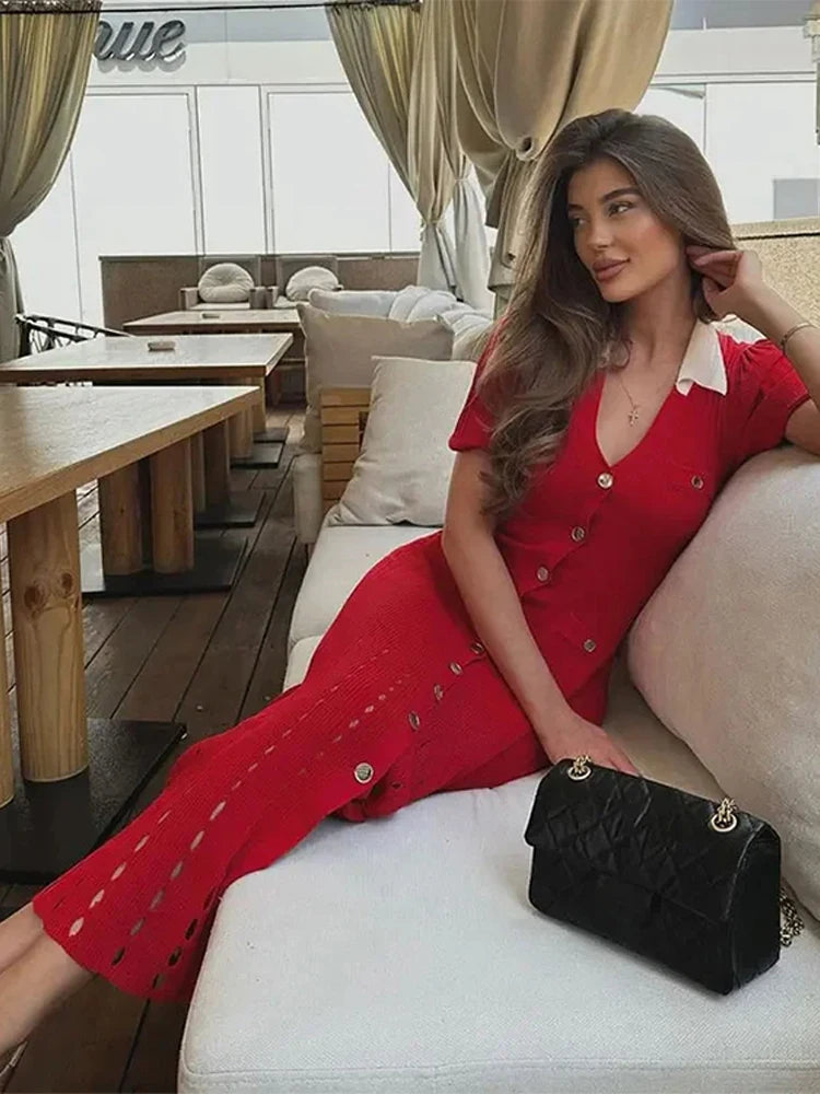 V-Neck Bubble Sleeved Knitted Beach Dresses Waist Cinched Hollowed Out Slimming Red Long Dress Single Breasted Button Women Robe - Seprincess