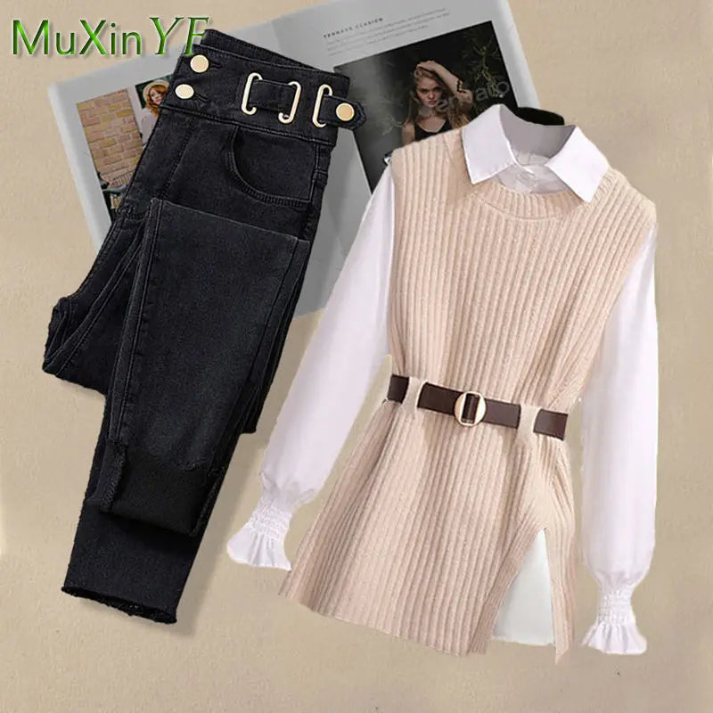 2024 Spring New Korean Elegant in Matching Set Women's Fashion Knitted Vest+Shirt+Jeans Three Piece Female Chic Denim Pants Suit - Seprincess