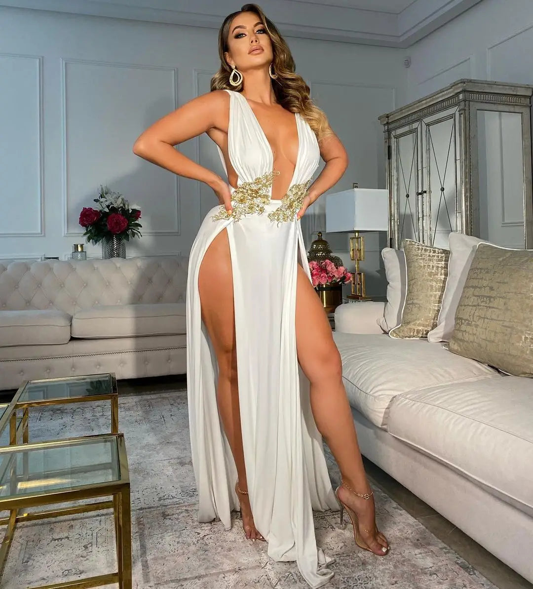 Sexy Deep V Neck High Split Evening Cocktail Maxi Dress Women Backless Embroidery Beading Long Formal Wedding Party Dress