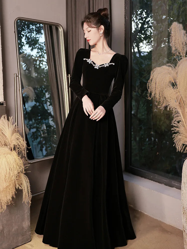 Autumn Winter Black Evening Dress Women Elegant  Luxury Velvet Long Sleeve A-line Party Dresses French Beadding Prom Gown - Seprincess