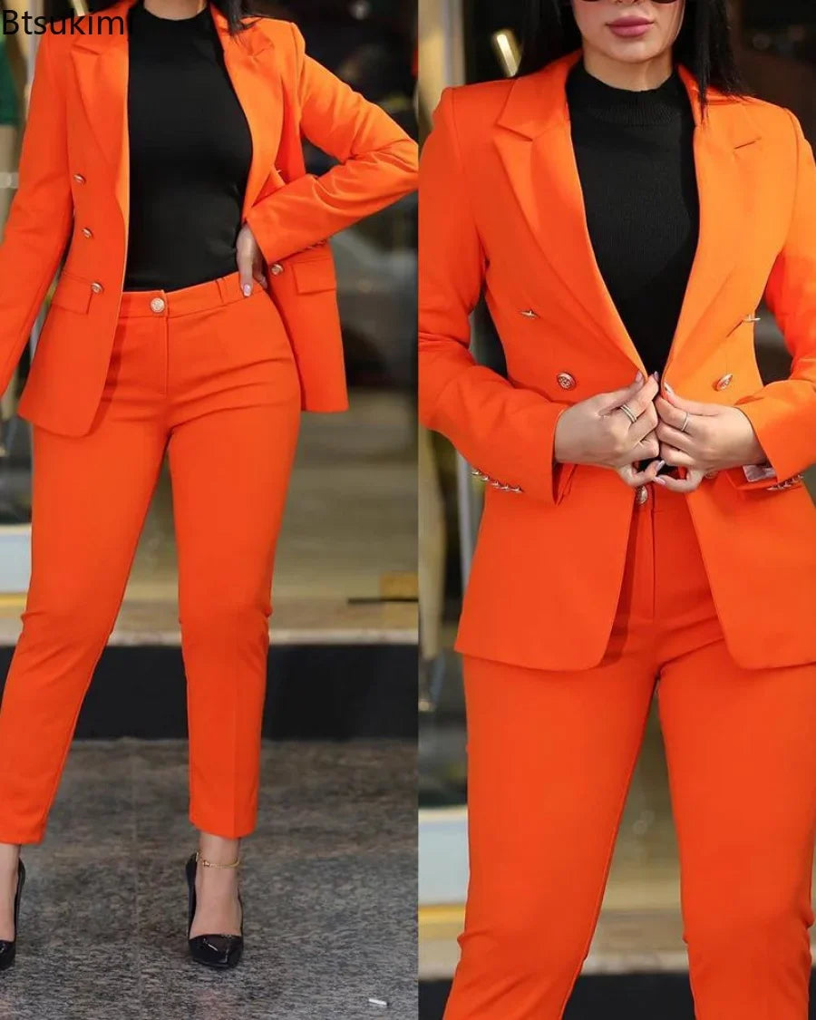 New 2023 Formal Office Pant Sets Women 2PCS Double Breasted Solid Blazers Jacket and Pants Two Pieces Set Female Pant Suits Sets - Seprincess