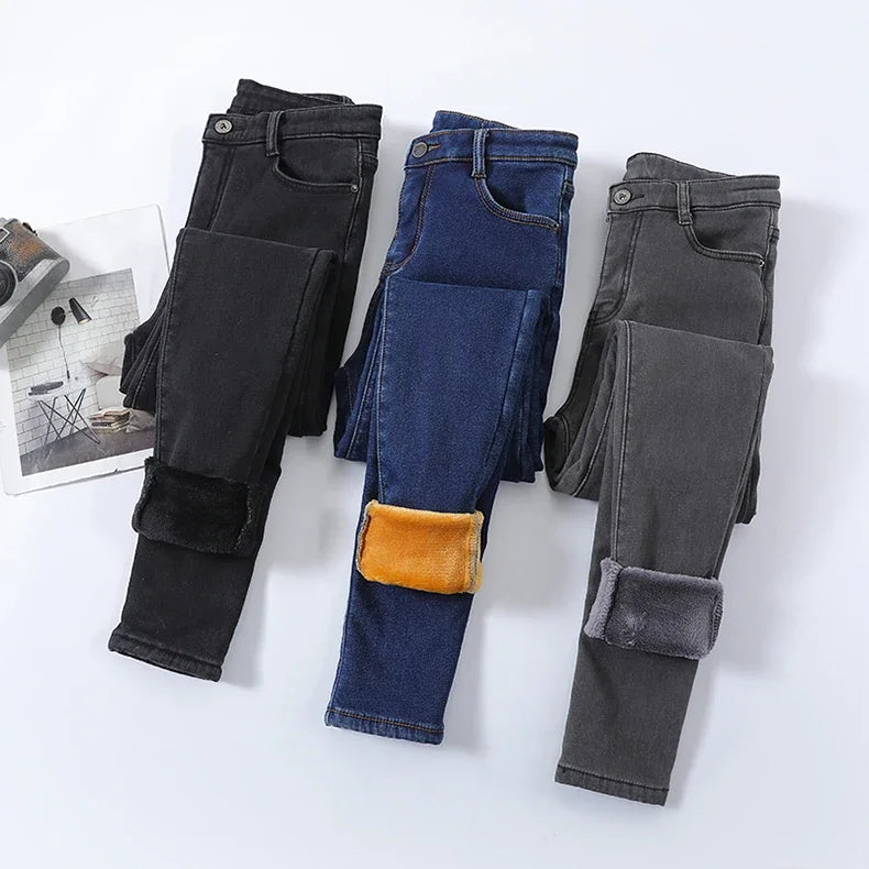 Skinny Women's Warm Jeans Winter Thicken Fleece Stretch High Waist Pencil Pants Fashion Korean Black Blue Gray Velvet Leggings