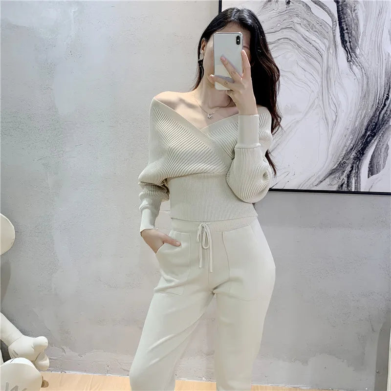 Elegant Tracksuit Sexy Two Piece Set Women Korean Style Ribbed Knitted Backless Top And Long Harem Pant Suit Autumn Outfits y2k - Seprincess