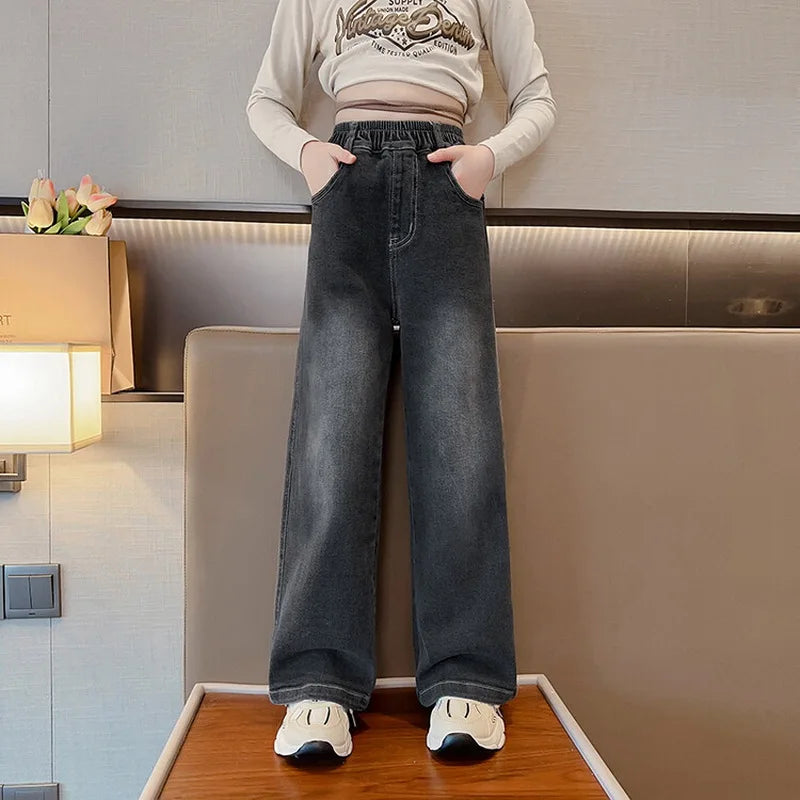 Teenage Jeans for Girls 2024 Spring Summer Casual All-match Loose Kids Leg Wide Pants School Children Trousers 4-16 Years