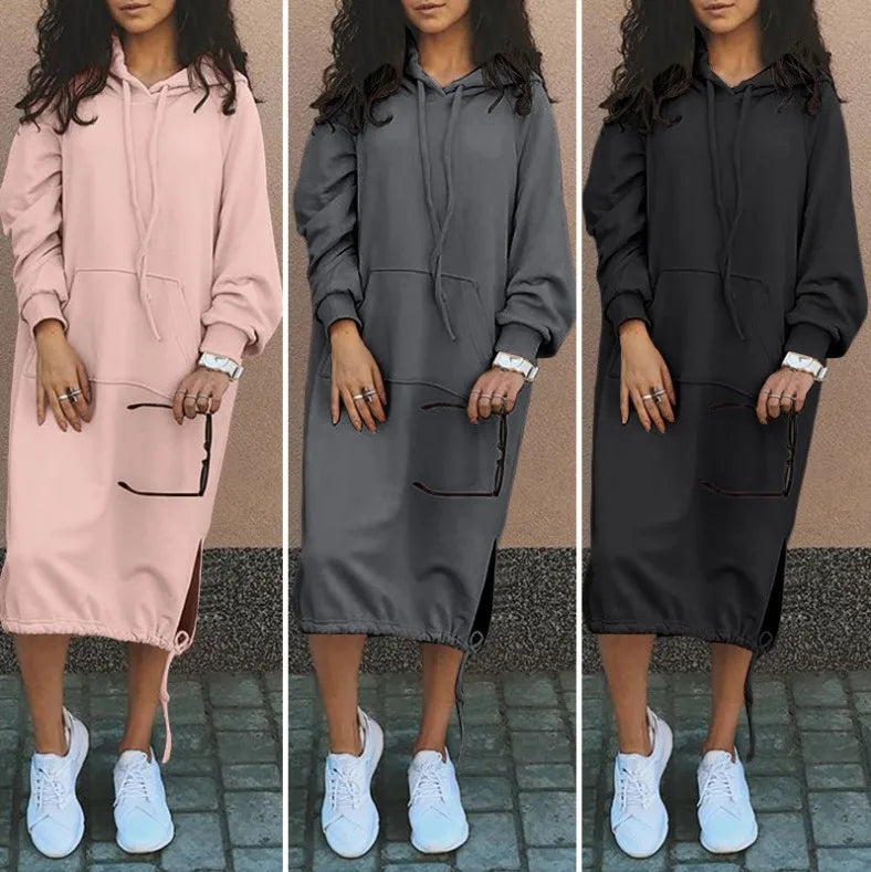 Autumn Winter Fashion Solid Sweatshirt Dress For Women O Neck Long Sleeve Casual Loose Femme Dresses 2023New Office Ladies Dress - Seprincess