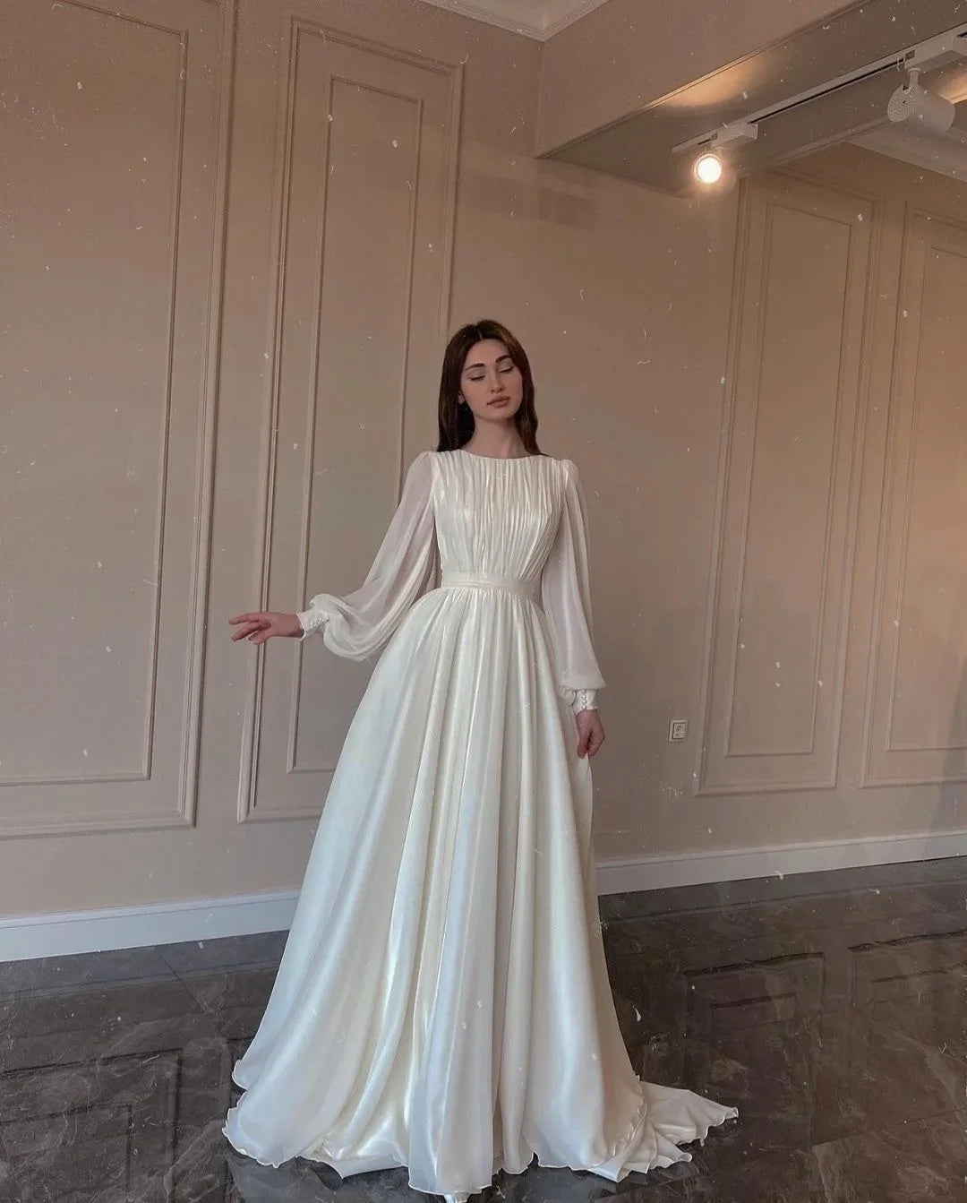 Autumn fashion lantern Pearl gauze white wedding dress crew neck dress - Seprincess