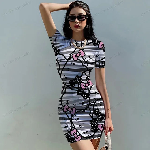 Short Sleeve Bodycon Mini Dress Women Sexy Party Club Evening Birthday Hello Kitty Print Dresses 2024 Spring Summer Wholesale - Seprincess