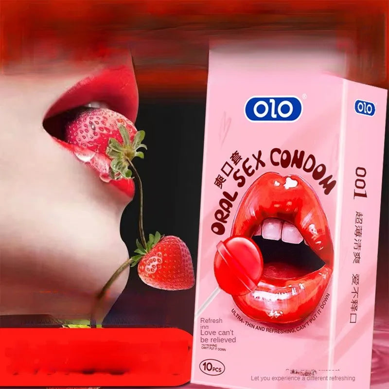 OLO 10Pcs Oral Sex Condoms with Strawberry Taste Safe Sex Penis Sleeve Condom Intimate Goods Tongue Sex Lick Dick Toys for Adult - Seprincess