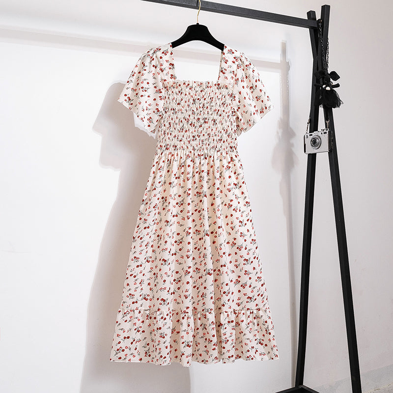 Spring Summer Chiffon Dress Women Midi DressesFemale Short Sleeve Elastic Waist Printed Floral Pleated Backless Casual Dress - Seprincess