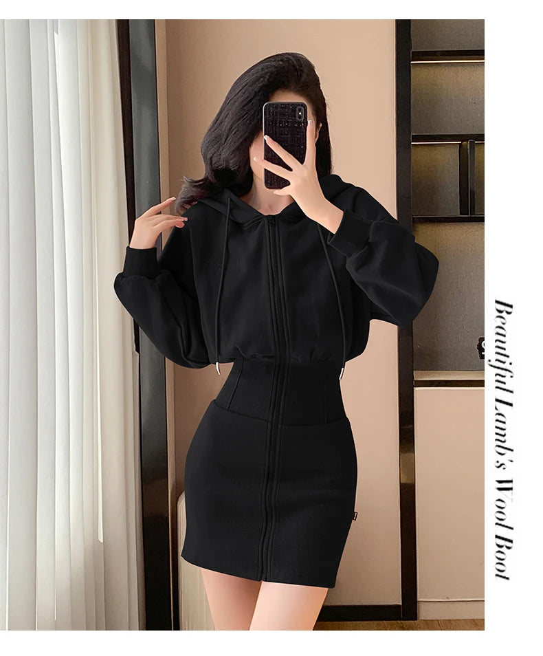 Korean Fashion Hoodie Dress Women Autumn Winter Long Sleeve Cat Ear Mini Dress Bodycon Dress Vestidos - Seprincess