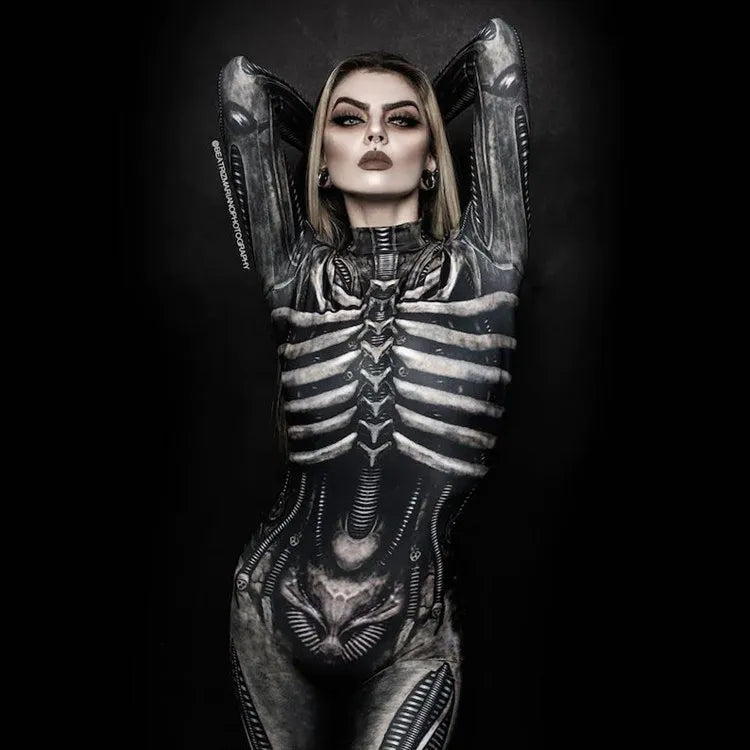 Women Clothing Long Sleeve 3D Printed Halloween Carnival Horror Human Skeleton Cosplay Costumes Tight Jumpsuit Zentai Bodysuit - Seprincess