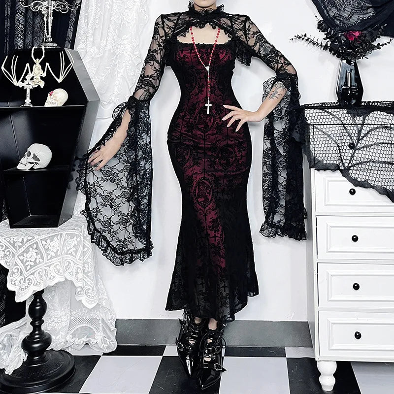 Gothic Sexy Long Fishtail Dress for Women Robe New Spaghetti Strap Sleeveless Backless Ruched  Vintage  Maxi Dress Vestidos