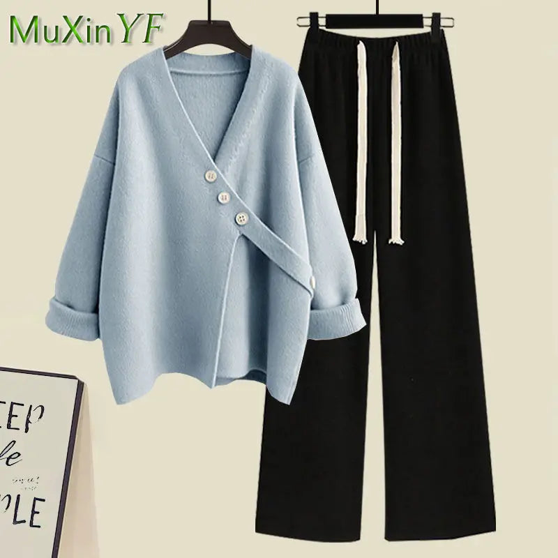 Women's Spring Autumn New Casual Matching Set Korean Elegant Irregular Knit Sweater+Loose Wide Leg Pants Two Piece Female Suit - Seprincess