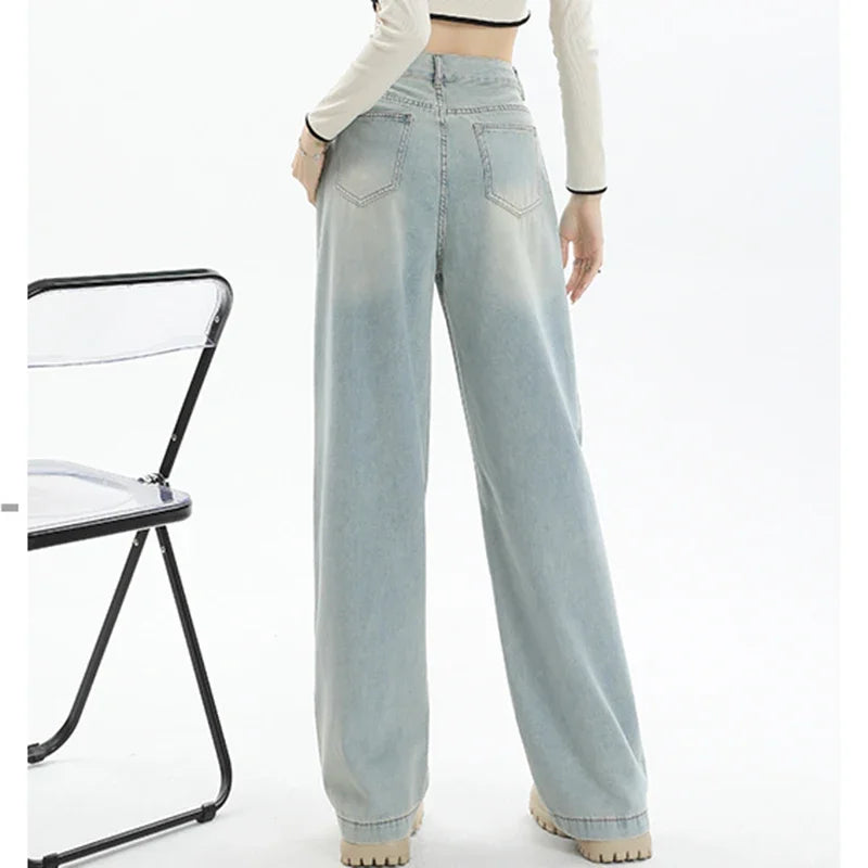 2024 Woman High Waist Vintage Baggy Jeans Lady Streetwear Wide Leg Pants Female Fashion Gray Blue Grey Light Blue Denim Trousers