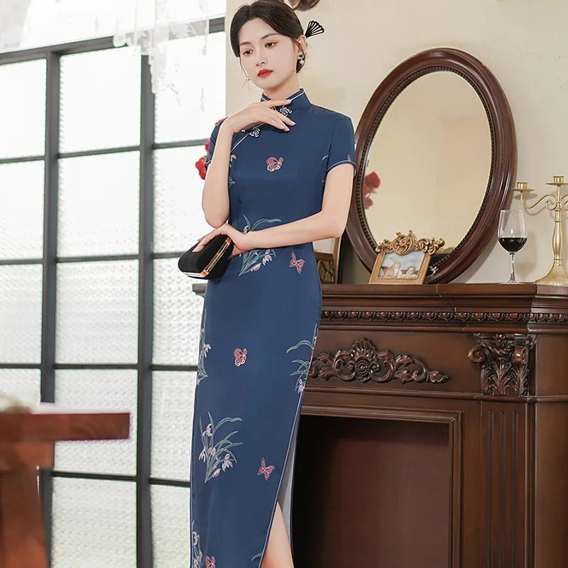 Large Size 4Xl 4Xl 5Xl Chinese Qipao Cheongsam Woman Chinese Traditional Dress Floral Print Slitting Hem Bodycon Sexy Vestidos