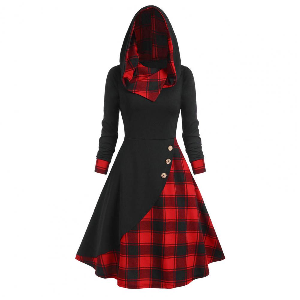 Elegant Dress Women Autumn Irregular Pile Collar Hooded Button Waist Tight Plaid Patchwork Print Large Hem Midi Dress - Seprincess