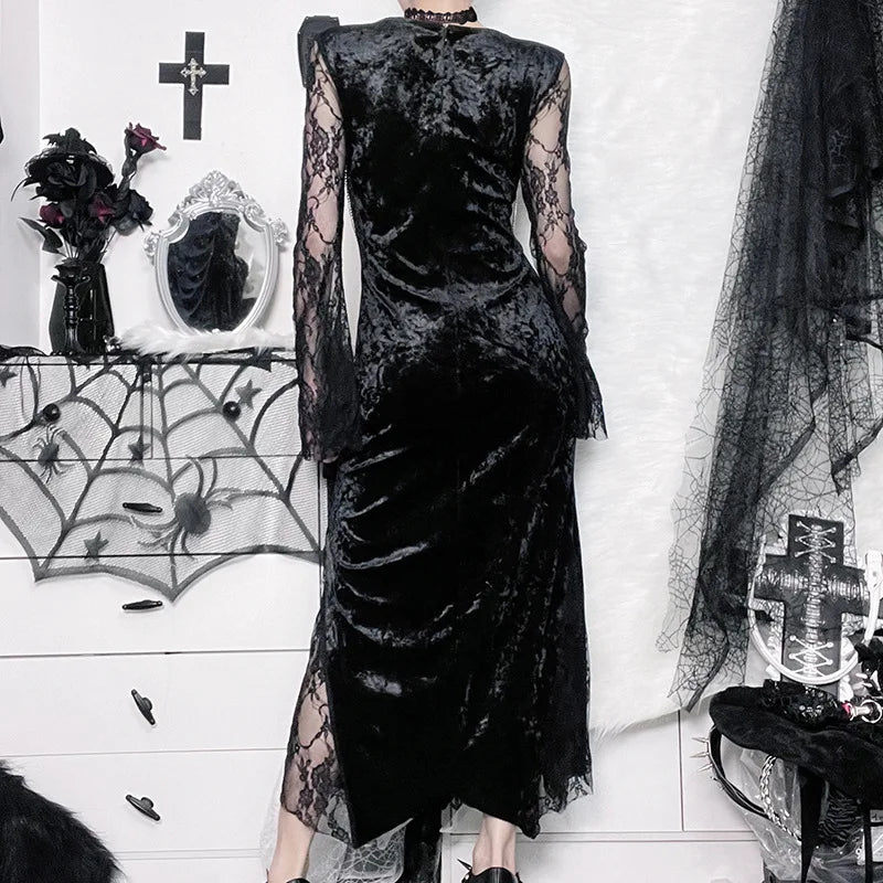 Goth Dark Elegant Mall Gothic Women Evening Dresses Grunge Aesthetic E-girl Velvet Midi Dress Lace Splice Sexy Split Alt Outfits - Seprincess