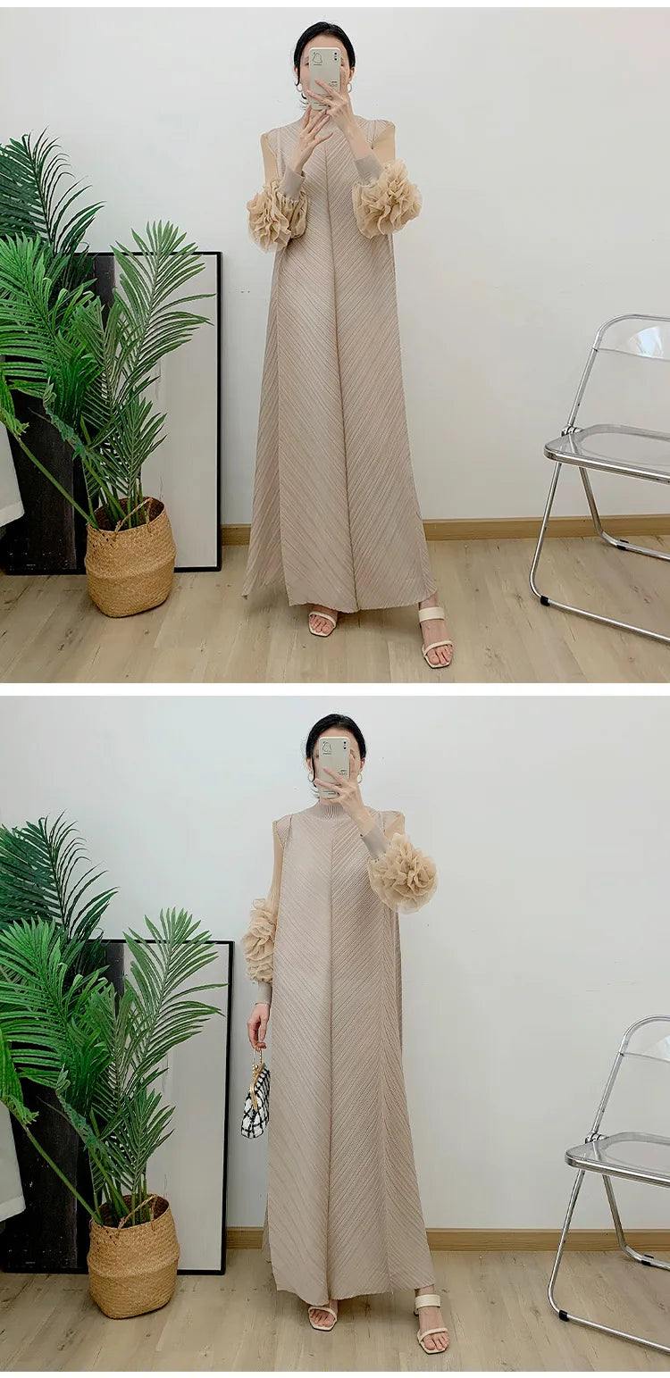 ANLAN Miyake Pleated Maxi Long Dress Mesh Petal Sleeve Half Turtleneck Formal Dresses for Women 2024 New Hot Sales 6KK9927