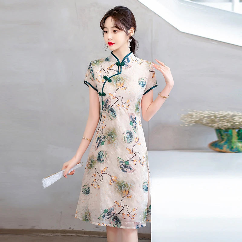 Fashion Modern Chinese Cheongsam A-line Dress Women Short Sleeve Qipao Traditional Chinese Clothes - Seprincess