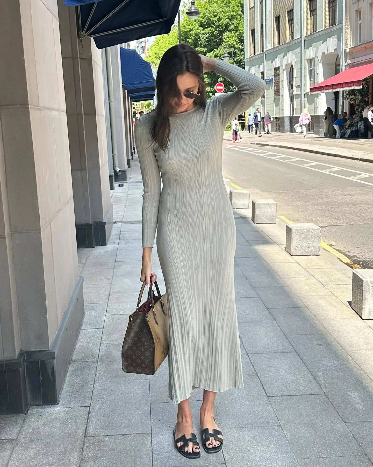 Autumn Long Sleeve Knitted Maxi Dress Women Elegant Sexy Pit Strip O-Neck Bodycon Evening Party Dresses 2024 Lady Casual Dress - Seprincess