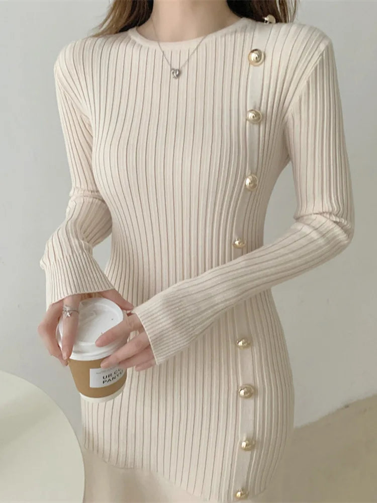 Autumn Warm Korean Fashion Woman Elegant Clothing Knitted Vintage Dresses Sweater Dress Femme Winter Vestido Feminino Thicken - Seprincess