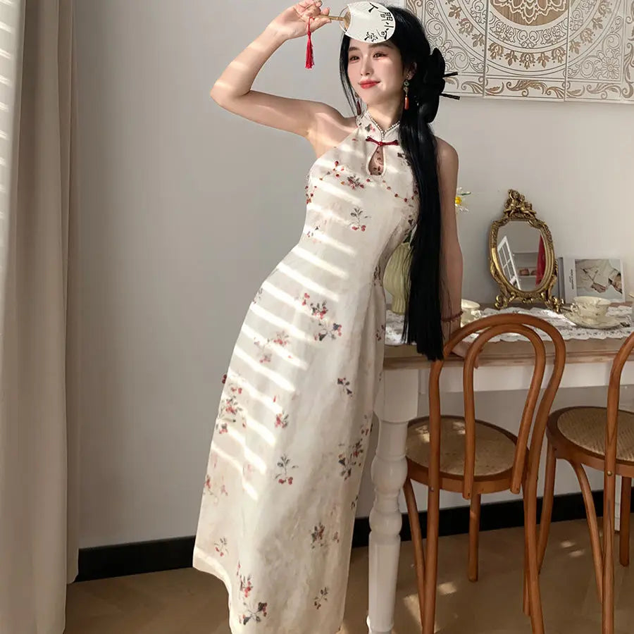 New Chinese Style Neck Hanging Dress Retro Improvement Cheongsam Summer New Print Slim Qipao Waist Reducing Slimming Dresses - Seprincess