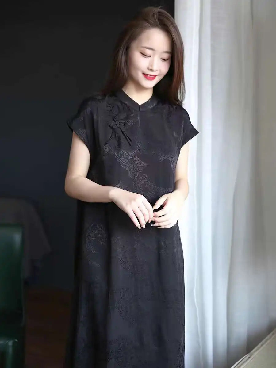 2024 Summer Original Design Cotton Linen Qipao Black Women's Literary Vintage Cheongsam Chinese National Style Dress Women - Seprincess