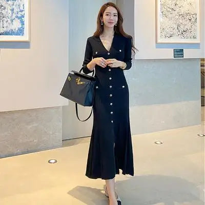 Vintage Korean Maxi Dresses for Women Party Long Sleeve V-neck Mermaid Dress Elegant Fashion Ladies Vestidos Femme Autumn 2023 - Seprincess