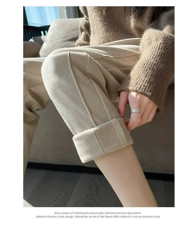 Winter Woolen Pants for Women Thicken Warm Ankle-Length Harem Pants Office Lady Khaki Elastic Waist Fashion Women's Trousers