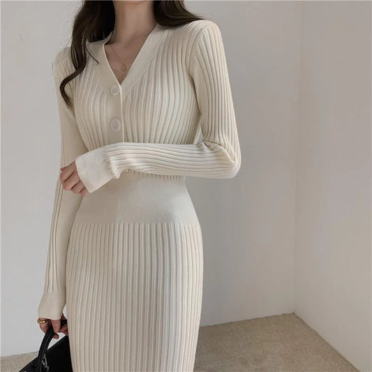 Winter Slim Women Long Dress V Neck Sexy High Waist Knitted Long Sleeve Solid Color Outwear Sexy Women Dress Fashion - Seprincess