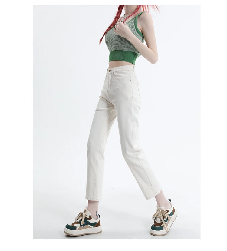 High Waisted Straight Slim Elastic Denim Jeans For Women Smoke Pipe 9,8 Pants Casual Brand Sexy Trousers Female