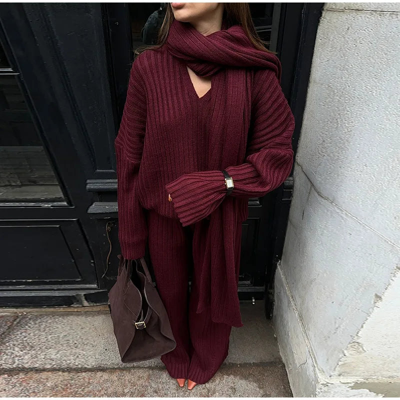 Women Elegant Solid Mohair High Waist Midi Knit Skirt Set Casual O Neck Long Sleeves Pullover Suit 2024 Autumn Lady Chic Outfits