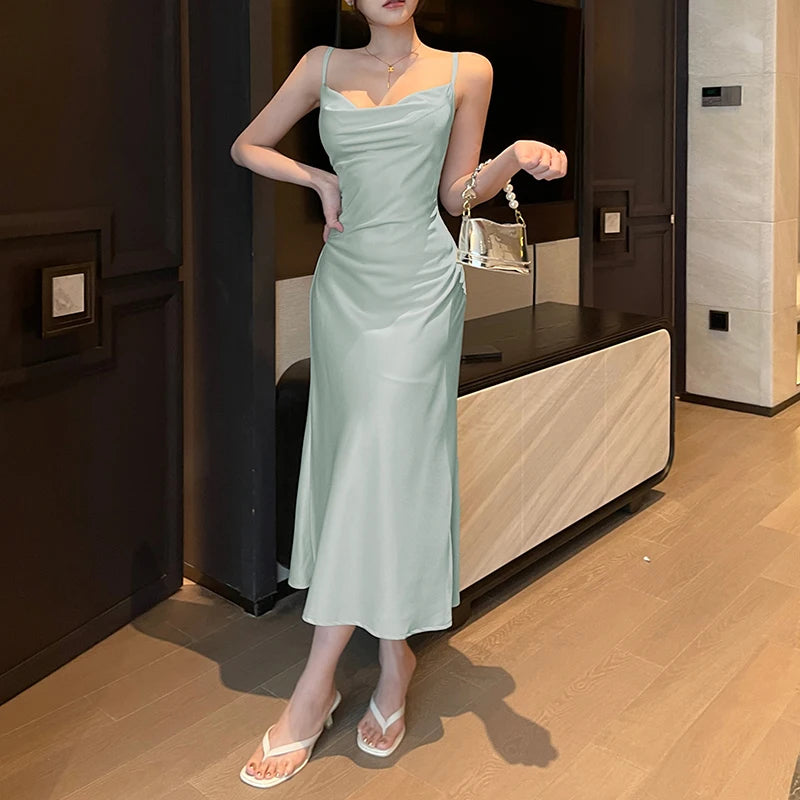 Women's Hot Sweetheart Long Dress New Fashion Temperament Pure Desire Backless Simple Skirt Long Satin Dresses - Seprincess