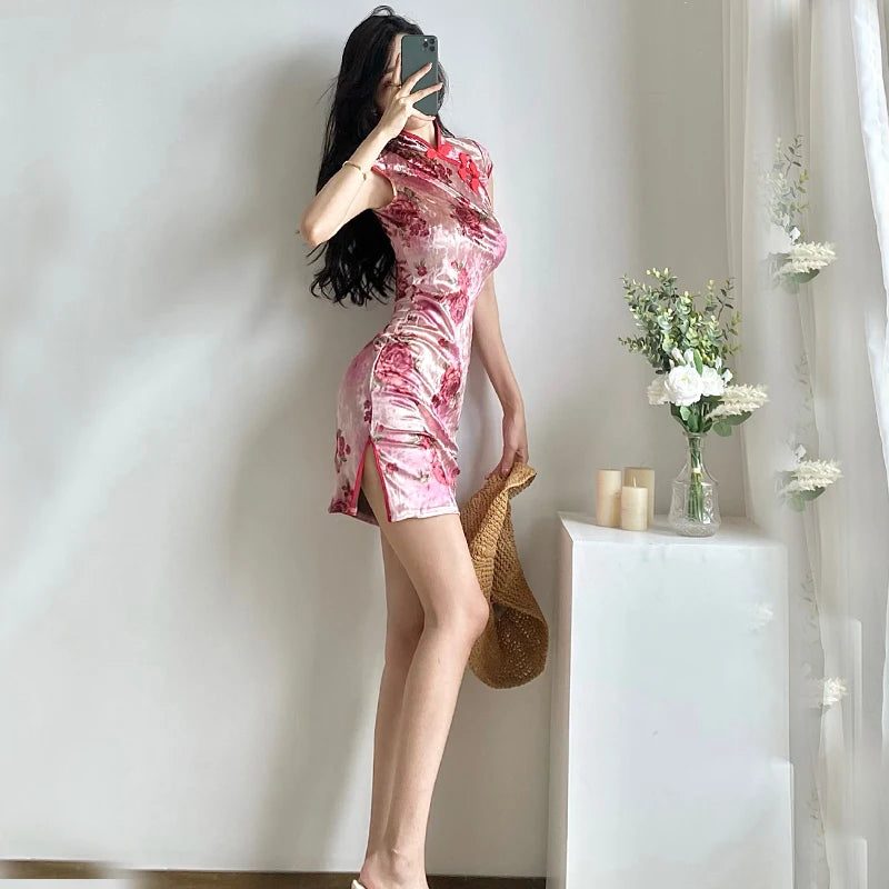 Chinese Dress Pink Sexy Qipao Dresses Cheongsam Dress Velvet Retro Printed Cheongsams Mini Qipao China Dress Robe Chinoise - Seprincess