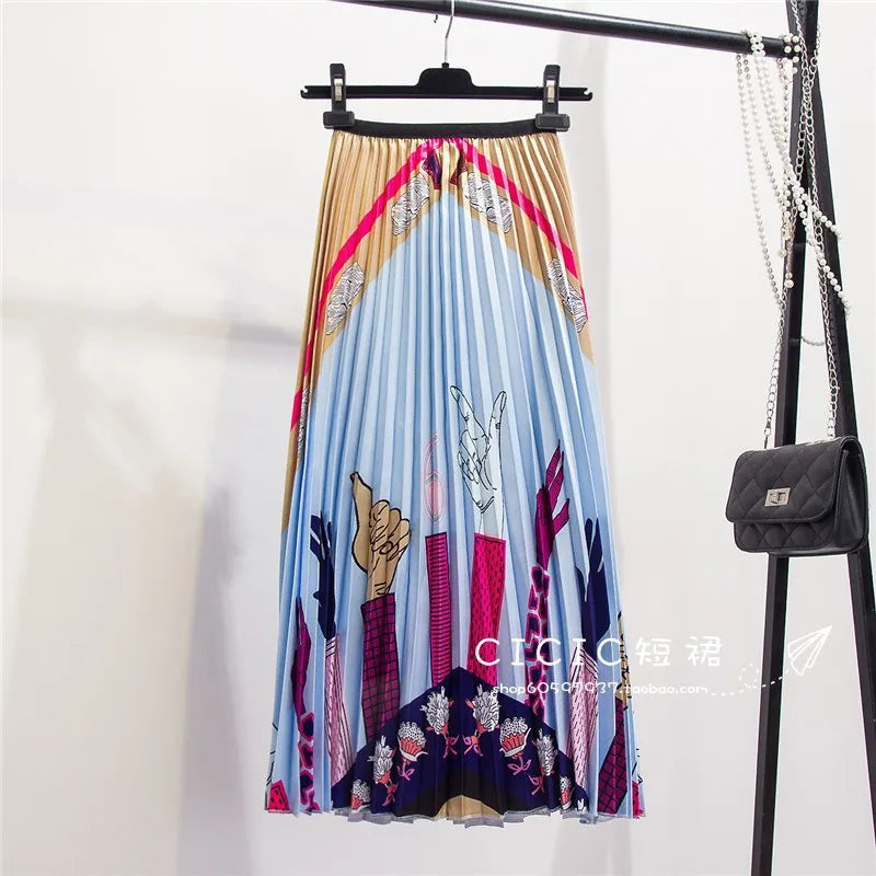 2024 Summer Women Cartoon Print Pleated Skirts A Line High Waisted Elastic Midi Long Skirt Ladies Party Korean Style Dresses