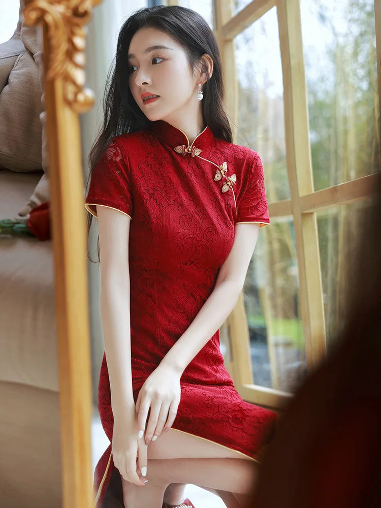 Wine Red Wedding Cheongsam Short Sleeve Vintage Improved Women Summer Lace Dress Slim-fit Elegant Qipao S To XXL Evening Dress - Seprincess