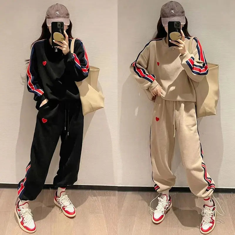 Autumn Cute Love Embroidery Pant Sets Two Pieces Tracksuits Khaki Side Striped Sweatshirt Women Girls Loose Sporty Korean Style - Seprincess