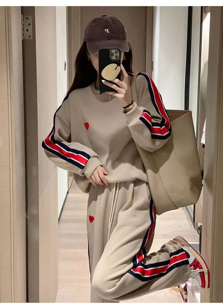 Autumn Cute Love Embroidery Pant Sets Two Pieces Tracksuits Khaki Side Striped Sweatshirt Women Girls Loose Sporty Korean Style - Seprincess