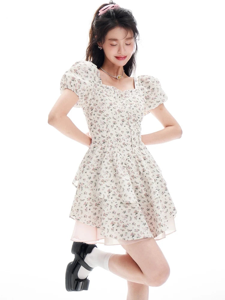 Korean Sweet Dress Women France Vintage Elegant Party Mini Dresses Female Print Casual Fairy Dress Summer - Seprincess