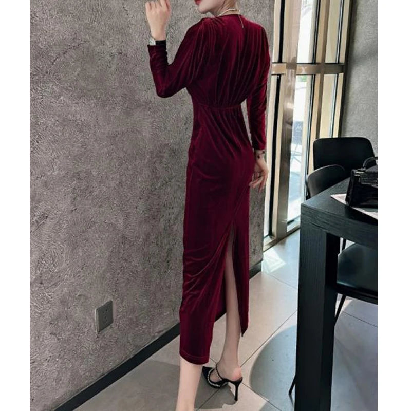 Women Vintage Gold Velvet Ruched Bodycon Elegant Evening Party Dresses Sexy V Neck Split High Waist Long Sleeve Maxi Dress Robe - Seprincess