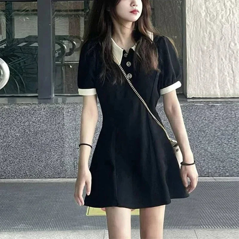 High-waisted Mini Dress A- line Lapel Polo Collar Black Skirt Summer Autumn Princess Color Block For Women Casual Chic Style - Seprincess