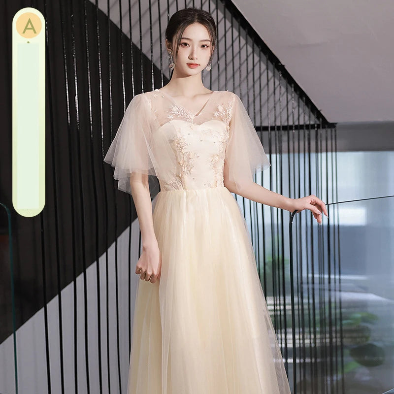 Champagne Bridesmaid Dress Women's Sweet Tulle Embroidery New Temperament Sisters Evening Dresses A-Line Wedding Party Gown - Seprincess