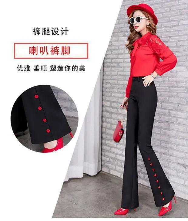 Summer Fashion Simple Slim Straight Flare Pants Women Solid High Waist Button Zipper Pocket Casual Versatile Elastic Trousers