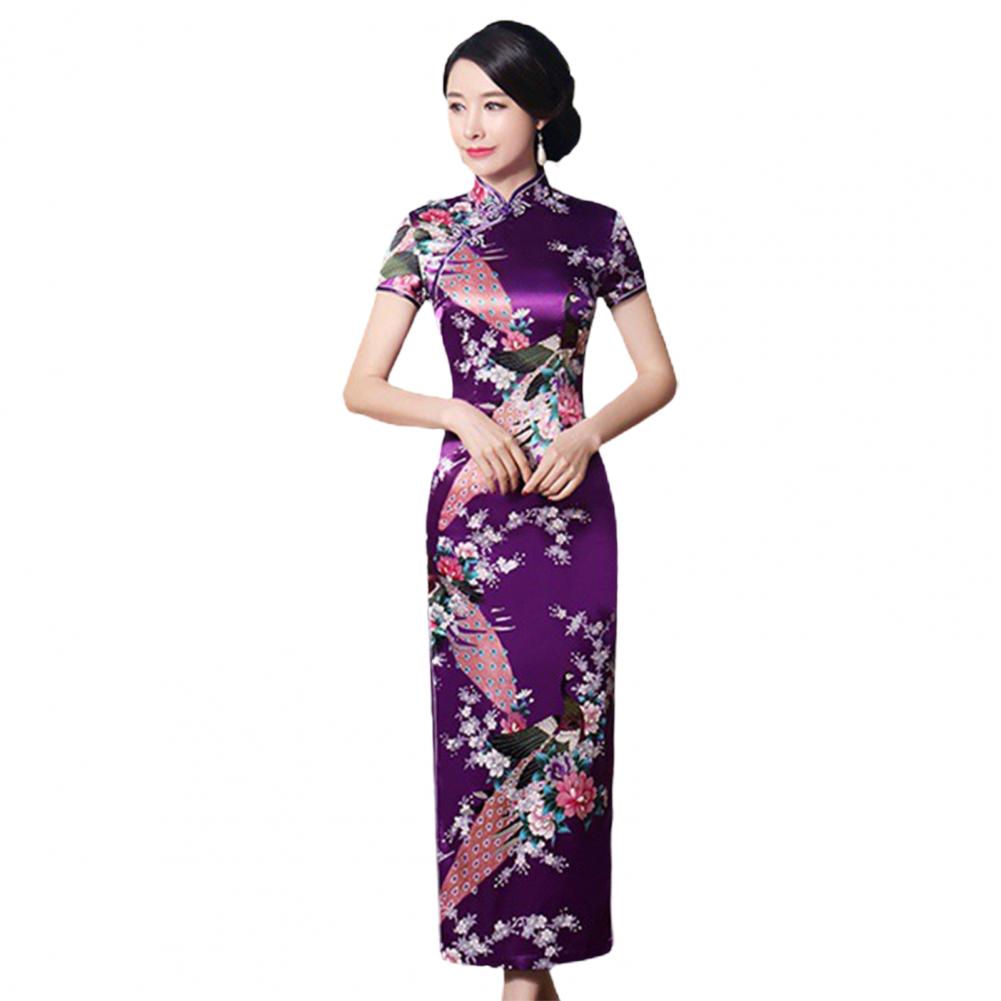 Chinese Style Qipao Satin Cheongsam Floral Embroidery Classic Wedding Evening Party Dress High Split Silky Plant Lady Dress - Seprincess