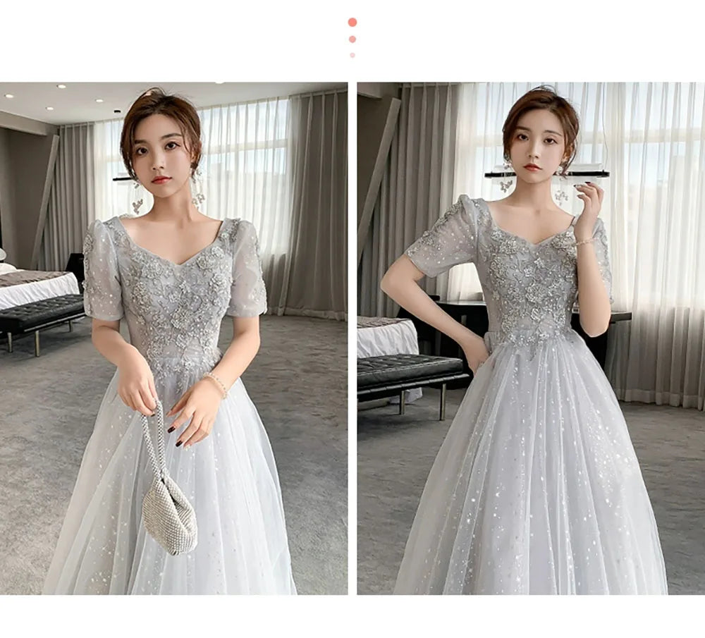 Bridesmaid Dress Women Lantern Sleeve Sequin Tulle Party Dresses Fairy Stage Performance Elegant Ladies Banquet Evening Gown