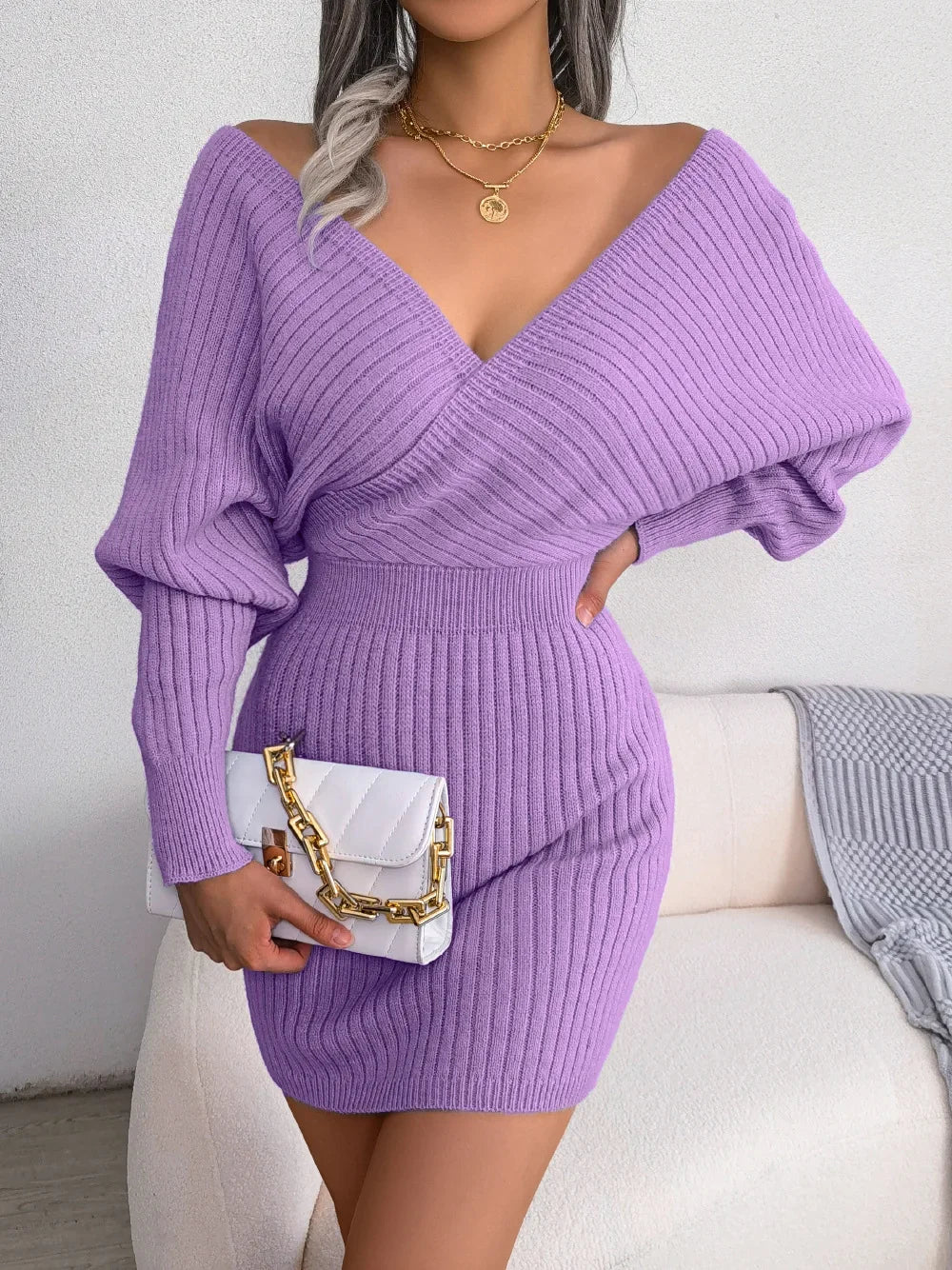 2024 New Spring Bodycon Sweater Dresses For Women Autumn Casual Long Sleeve Knitted Clothes White Green Blue Black Purple Dress - Seprincess