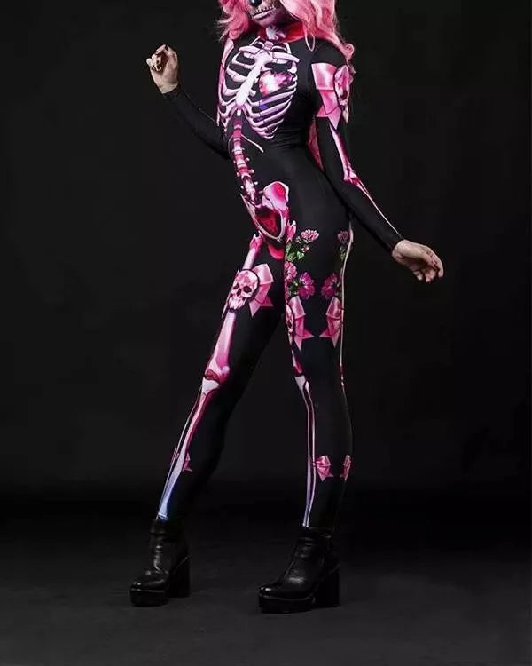 Women Cosplay Skeleton Rose Sexy Bodysuit Halloween Devil Ghost Specter Jumpsuit Romper Party Carnival Performance Scary Costume - Seprincess