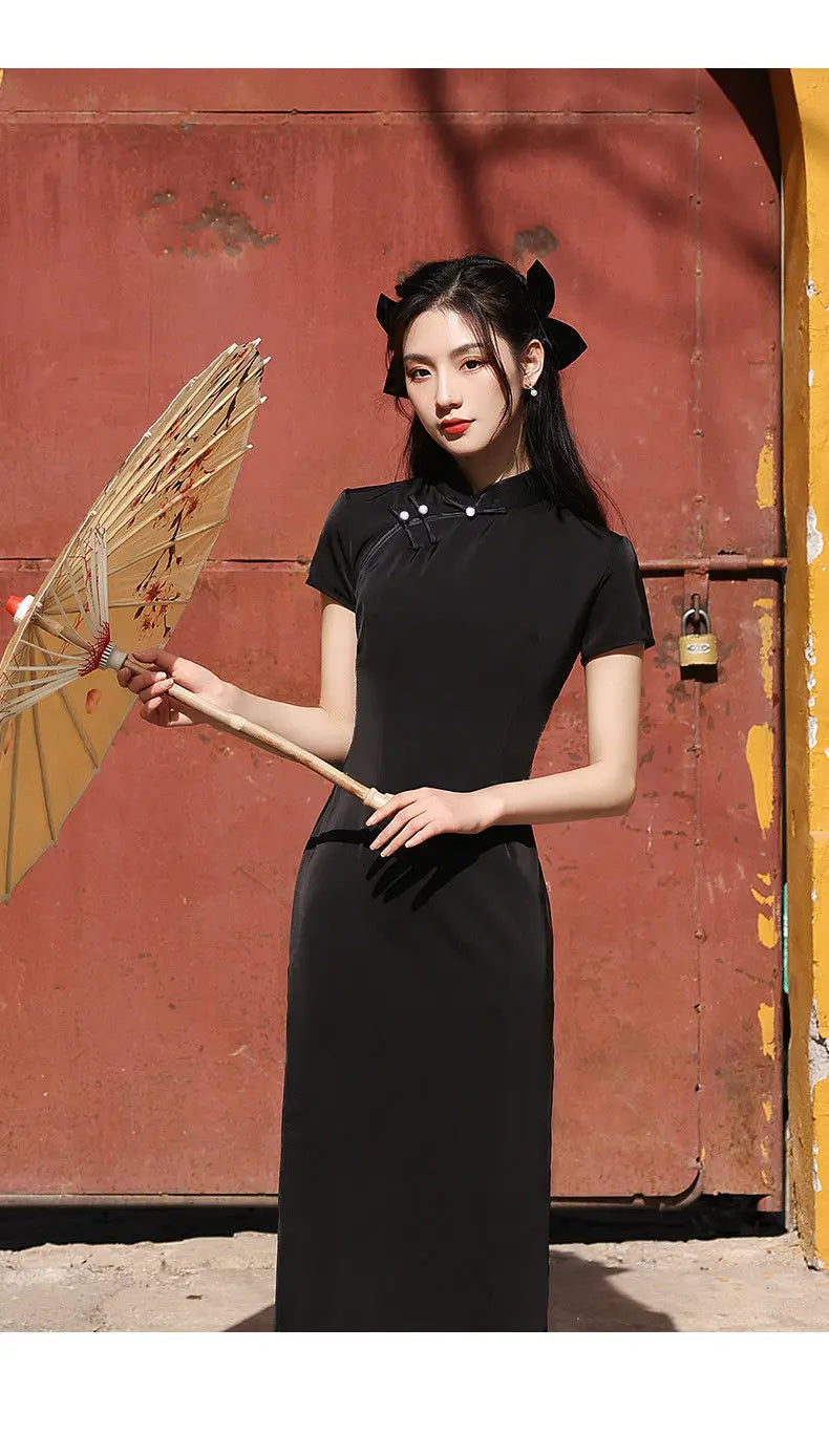 Chinese Dress Qipao Modern Women Black Slim Long Cheongsam Traditional Harajuku Hanfu Robe Orientale Vintage Vestido Mujer - Seprincess