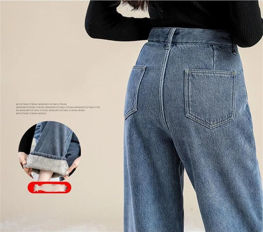 Straight Velvet Lined Baggy Jeans Pants Women Warm Plush Wide Leg Vaqueros Pantalones Thick Loose Vintage Winter Denim Trousers